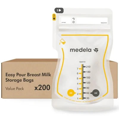 Image de Medela sachets de conservation pour lait maternel Easy Pour, capacité 210 ml, conception anti fuite avec protection du lait, fabriqués sans BPA, jetables, lot 200