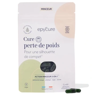 Image de EPYCURE Cure Perte de Poids Élimine les Toxines, Limite Graisses &amp; Sucres, Accélère Dépense Énergétique 95,4% Naturel 1 Mois Vegan Sans Caféine Fabriqué en France