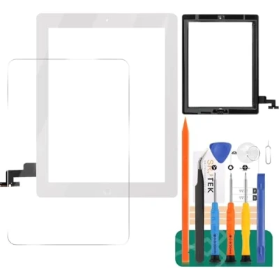 Image de SRJTEK Remplacement D&#039;écran pour IPad 2 A1395 A1396 A1397 Kits D&#039;assemblage De Verre Numériseur Tactile?Bouton Accueil+Support Cameral+adhésif Pré installé+Cadre Central (Blanc)