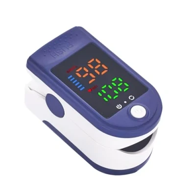 Image de Oxymètre de pouls numérique portable avec écran LED, mesure précise l&#039;oxygène dans le sang (SpO2) et la fréquence cardiaque, design compact facile à utiliser, couleur bleue. Chiffres grands.