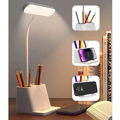 Image de Jissta Lampe de Bureau LED, Dimmable avec Porte téléphone Portable, 3 Modes et Plusieurs niveaux luminosité Enfant, Chevet Tactile, Blanche