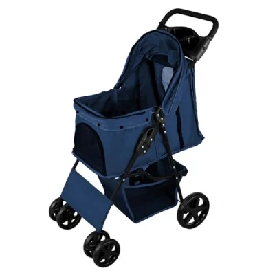 Image de Poussette Pour Animal de Compagnie Bleu Marine Pliable Capacité 15kg 4 Roules Chat Chien Crochet Sécurité Laisse Coussin Fenêtres Maille Panier Porte Gobelet &amp; Imperméable Couverture Pluie