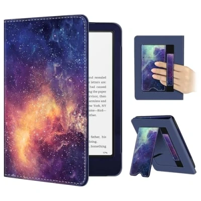 Image de FINTIE Étui pour 7&quot; Kindle Paperwhite 2024 (12e Génération) et Colorsoft Signature Edition (1re Génération), Coque avec Béquille, Compartiment Cartes Dragonne, Galaxie
