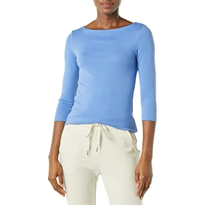 Image de Amazon Essentials T Shirt Col Bateau Uni Coupe Ajustée à Manches 3/4 Femme, Bleu, L