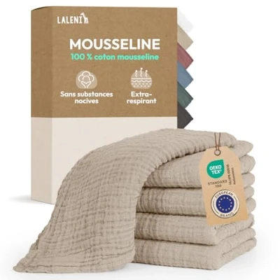 Image de Laleni Lot de 5 Lange Bebe 70x70 Langes Coton bébé Haute qualité 100% Multi Usage Gaze mousselines très absorbantes debarbouillette Lavable Carre Beige