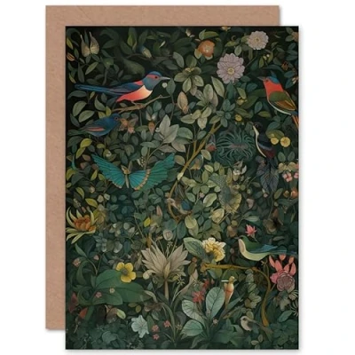 Image de Artery8 Butterflies and Birds on Flowering Shrub Folk Art Nature Birthday Sealed Greeting Card Plus Envelope Blank inside