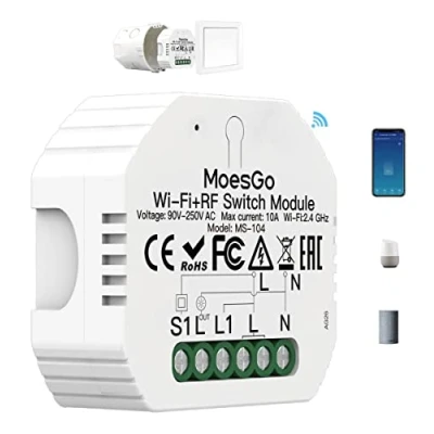 Image de MoesGo Interrupteur WiFi Alexa sans Fil, RF433 Commutateur Connecté Intelligent, Commande à Distance par Téléphone, Relais Compatible Google Home/Alexa，1 Gang