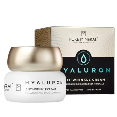 Image de Pure Mineral Crème Anti Rides Hyaluron pour Tous Types de Peau Minéraux Mer Morte, Hydratation Renforcée, Raffermit le Visage Sans silicones, sulfates, parabènes 50ml