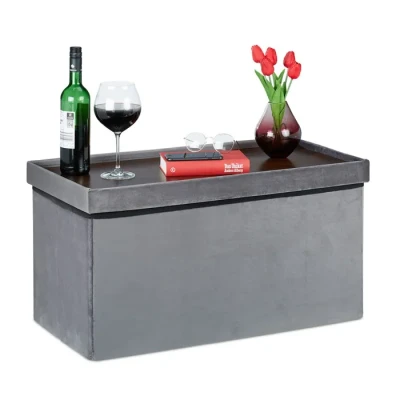 Image de Relaxdays Velours avec Espace de Rangement, Tablette Couvercle, Pliable, Coffre, Banc, HlP 42x76x38cm Gris, MDF, Mousse, 1 élément