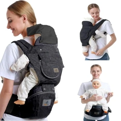 Image de Wenbones Porte Bébé Ergonomique avec Grande Capacité, Siège de Hanche Multifonction pour Bébés 3 à 36 Mois 9 Modes Portage Confort Absolu les Randonnées (Gris foncé)