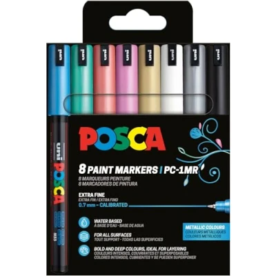 Image de Uni Ball 181757 Set de marqueurs POSCA, 8 stylos acryliques métallisés PC 1MR, marqueur permanent pointe ogive 0,7 mm