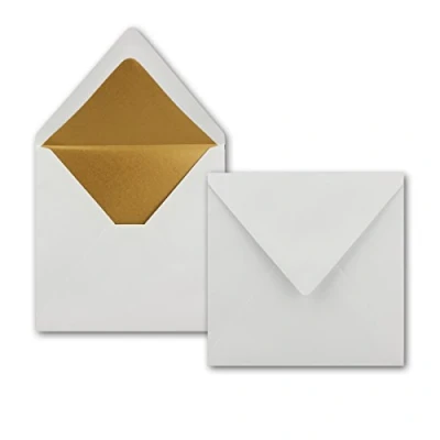 Image de enveloppes 164 x mm Blanc avec or Fermeture adhésive Lot de 100 à lettre sans fenêtre au format carré 50 Umschläge Weiss Seidenfutter Gold