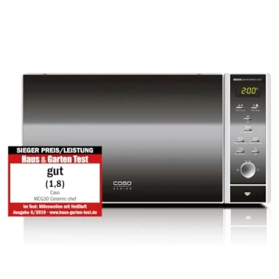 Image de CASO Micro ondes MCG30 Ceramic Chef 3 en 1 avec grill + air chaud 2100W 30L, base verre borosilicaté, grille pour 2 niveaux, fonction four jusqu&#039;à 200C, acier inoxydable, argent