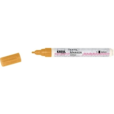 Image de KREUL 92670 Textil Marker Glitter Medium Gold, Crayon de Peinture pour Tissu Semi Opaque avec Effet pailleté, épaisseur Trait env. 2 à 4 mm, résistant au Lavage après Fixation, 623699