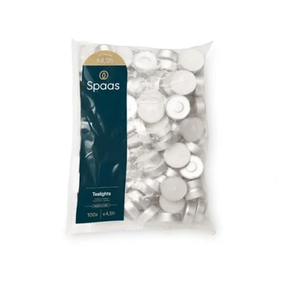 Image de Spaas 0310012.000 Sac de Bougies Chauffe Plats x100, ± 4,5 Heures Blanc, Cire Paraffine, Tasse en Aluminium, 39 mm x H 13,5