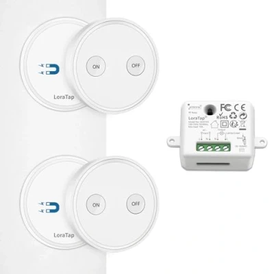 Image de LoraTap Kit Interrupteur Sans Fil, Va et Vient, Récepteur 2500W, Portée 200M, Emetteur Radio 868Mhz, Commande à Distance Mural Avec 2 Télécommandes ON/OFF Pour Eclairage