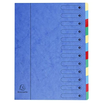 Image de Exacompta Réf. 5112E 1 trieur HARMONIKA sans élastiques et fenêtres imprimées couverture en carte lustrée dos extensible 12 compartiments pour A4 dim 24,5 x 32cm couleur bleu