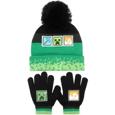 Image de Minecraft Ensemble Bonnet et gants pour enfant en laine noire Motif pixel Taille unique 6 12 ans Produit officiel, Vert,