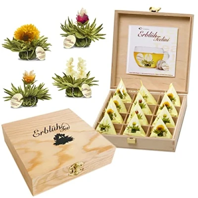 Image de Creano Coffret cadeau Fleures de thé en format tasse dans une boîte à bois 12 thés fleuris 4 sortes (thé blanc)