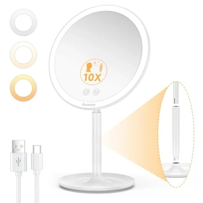 Image de Auxmir Miroir Grossissant Maquillage x10 avec Lumières LED, de Table a 3 Modes D&#039;éclairge, Tactile, USB Rechargeable, Cosmétique à Bijoux sur Pied Rotation 90