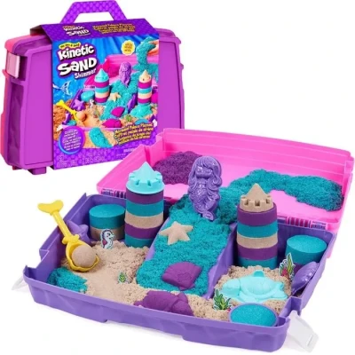 Image de Kinetic Sand, Coffret Palais de sirène, 934 g Modeler (Mauve Fluo, Turquoise Scintillant Plage), bac à Sable Repliable réutilisable et Outils, 6065181, Multi