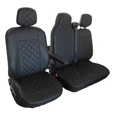 Image de Texmar Housses de siège avant 2 + 1 conçues pour s&#039;adapter à la Renault Master après 2015 2020, toutes noires en cuir écologique avec conduite droite