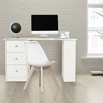 Image de ML Design Bureau d&#039;Ordinateur, 3 Tirois, Étagères de Rangement, 1 Large Plateau, Blanc, 120 x 49 72 cm, Table Travail, Informatique PC, Fabriqué en Aggloméré Mélamine, Moderne