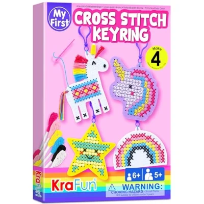 Image de KRAFUN kit de broderie au point croix pour enfants débutants, 4 porte clés licorne loisirs créatifs, à l&#039;aiguille filles 5 13 ans, breloques