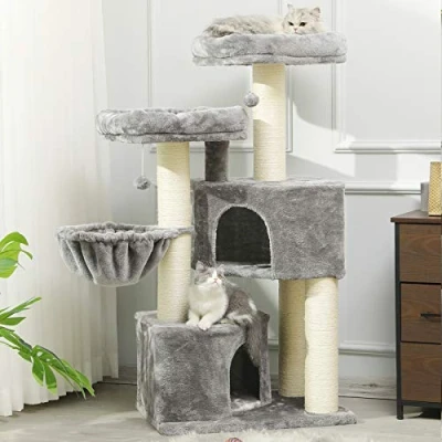 Image de MSmask arbre à chat XXL stable avec griffoir en sisal, 2 grandes plateformes d&#039;observation, pour grands chats (gris + troncs blancs)