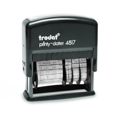 Image de Formulaire de timbre à date Trodat Printy 4817, auto encreur, avec 12 textes commerciaux en allemand, encre noire.