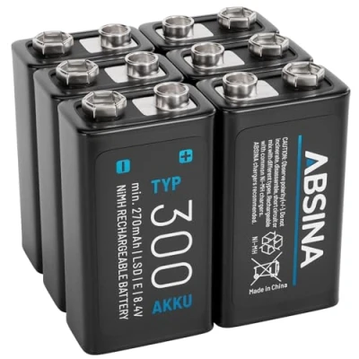 Image de ABSINA 6X Pile 9V Rechargeable 300 à Faible Auto Décharge Piles NiMH avec 8,4V &amp; au Minimum 270mAh Batterie Rechargeable, 6LR61 9V, 6LR20 Pile, rectangulaire 6F22