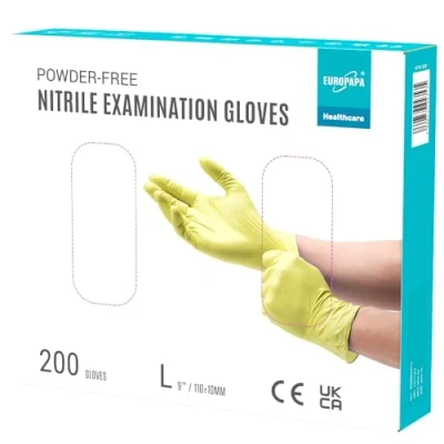 Image de EUROPAPA® Lot de 200 gants jetables en nitrile non poudrés EN455 EN374 Sans latex Tailles S, M, L et XL (L, Jaune)