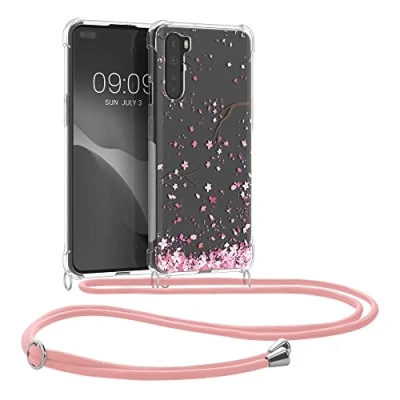 Image de kwmobile Coque Collier Compatible avec OnePlus Nord Housse en Silicone Cordon de Rose Clair Brun foncé Transparent