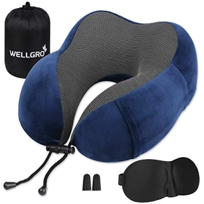 Image de WELLGRO Coussin de Nuque avec Masque Sommeil 3D et Bouchons d&#039;oreille Housse Amovible Mousse à mémoire Forme Fermeture éclair Sac Rangement Inclus Voyage Fuchsia
