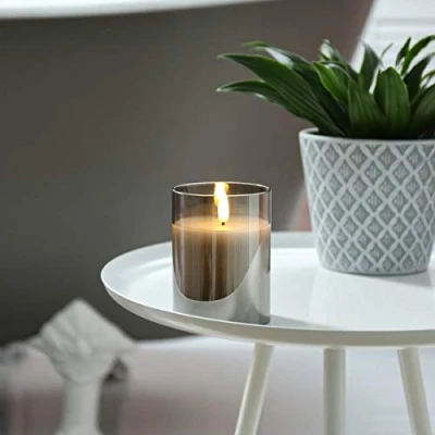 Image de Festive Lights Bougie LED «Flamme Authentique» Effet Vacillant Bluffant Mèche 3D Ultra Réaliste Ivoire, Gris ou Pot en Verre Teinté Au Choix Gamme 2019(Bougie Grise Bougeoir Verre, S)