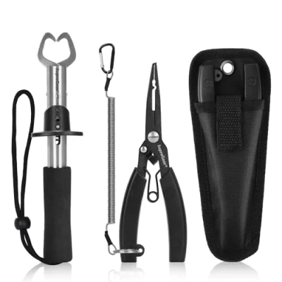 Image de supregear Ensemble de Pinces Pêche, Acier Inoxydable Pêcher Dissolvant d’Hameçon Coupeurs Ligne Pêche Multifonctions avec Gaine et Outil Longe Enroulé, Noir