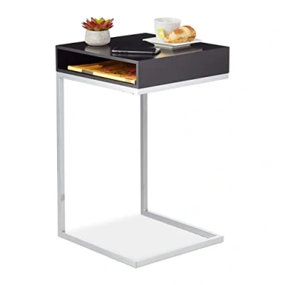 Image de Relaxdays Guéridon, Forme de C, HxLxP : 63x37x38 cm, Table d’appoint près du canapé, MDF et métal, étagère, Noir/argenté