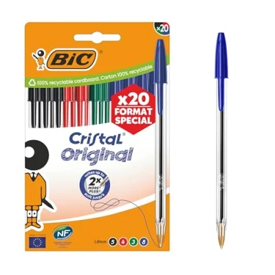 Image de BIC Cristal Original Stylos Bille Pointe Moyenne (1,0 mm) avec Capuchons et Embouts Assortis Couleurs Assorties, Pochette Format Spécial de 27