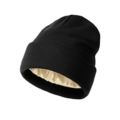 Image de TOEECY Bonnet Femme Hiver Doux et Chaud Tricoté Simple Classique Fine Tricot Chapeau avec Satin Doublé Protéger la Coiffure Mode Slouchy Beanie Unisexe (Noir)