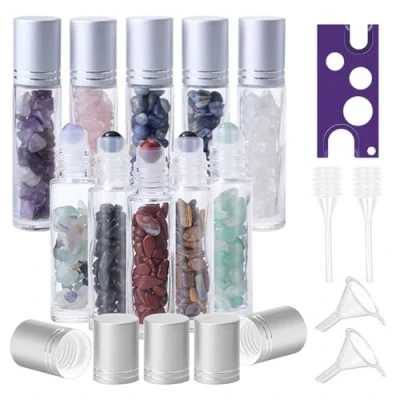 Image de BYZESTY Roll On Lot de 10 bouteilles en verre pour huile essentielle, rollon, ml, flacons rollon huiles avec pierres précieuses naturelles, rechargeables essentielles,