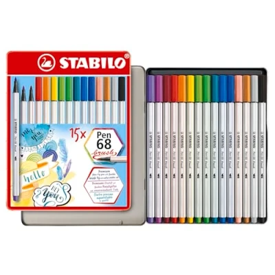 Image de STABILO Stylo feutre de qualité supérieure avec pointe pinceau pour épaisseurs trait variables Pen 68 brush Étui en métal 15 couleurs différentes