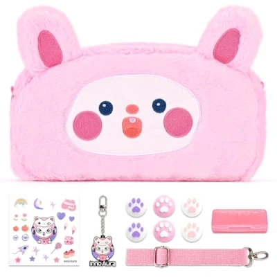 Image de Étui Switch pour NS Switch,Pack d’Accessoires 11 en 1 innoAura avec étui de Transport Switch,étui Jeu Switch,Bouchons Les Pouces Switch,bandoulière Amovible(Lapin Rose)
