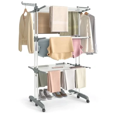 Image de SONGMICS Étendoir à Linge, Séchoir Mobile 4 Niveaux, avec Roulettes, Pliable, 63,5 x 125,5 173 cm, Grande Capacité, Utilisation Intérieure et Extérieure, Blanc Nuage Gris Tourterelle LLR703WZ02