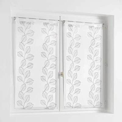 Image de douceur d&#039;intérieur, Paire Droite à Passants (2 x 60 90 cm) Edenia Gris, Voile Sablé Brodé