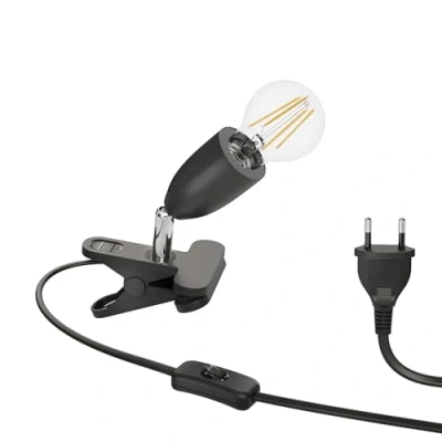 Image de ledscom.de Lampe à pince E27 LIK, noire avec ampoule LED 963lm blanc chaud, variation en 3 étapes sans variateur interrupteur d&#039;éclairage
