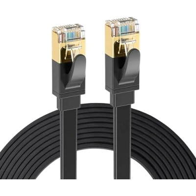 Image de Elfcam® 1m CAT7 Câble Réseau Ethernet RJ45, Cat 7 STP 100% Cuivre, Plat, 32 AWG, Noir (1M)