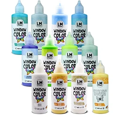 Image de LM Window Color Lot de 12 peintures autocollantes à base d&#039;eau Pour fenêtre 80 ml surfaces lisses telles que le verre, les miroirs et carreaux