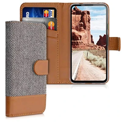 Image de kwmobile Coque Portefeuille Compatible avec Google Pixel 4a Étui à Rabat Simili Cuir Compartiment Cartes Gris Clair Marron