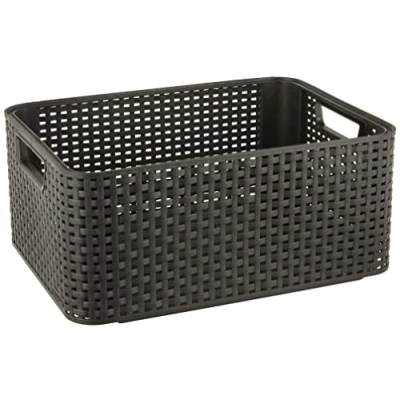 Image de CURVER Panier de Rangement Style 18L Aspect Rotin Texturé Pour Chambre, Salon, Salle Bain, Buanderie 38,6x28,7x17 cm Anthracite 70 % Recyclé