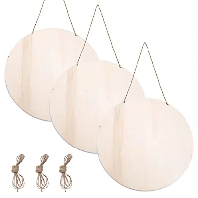Image de AMJKEJI Lot de 3 Cercles en Bois Brut à Suspendre Bouclier Vierge non Peint Tranches Vides pour Décoration et loisirs Créatifs